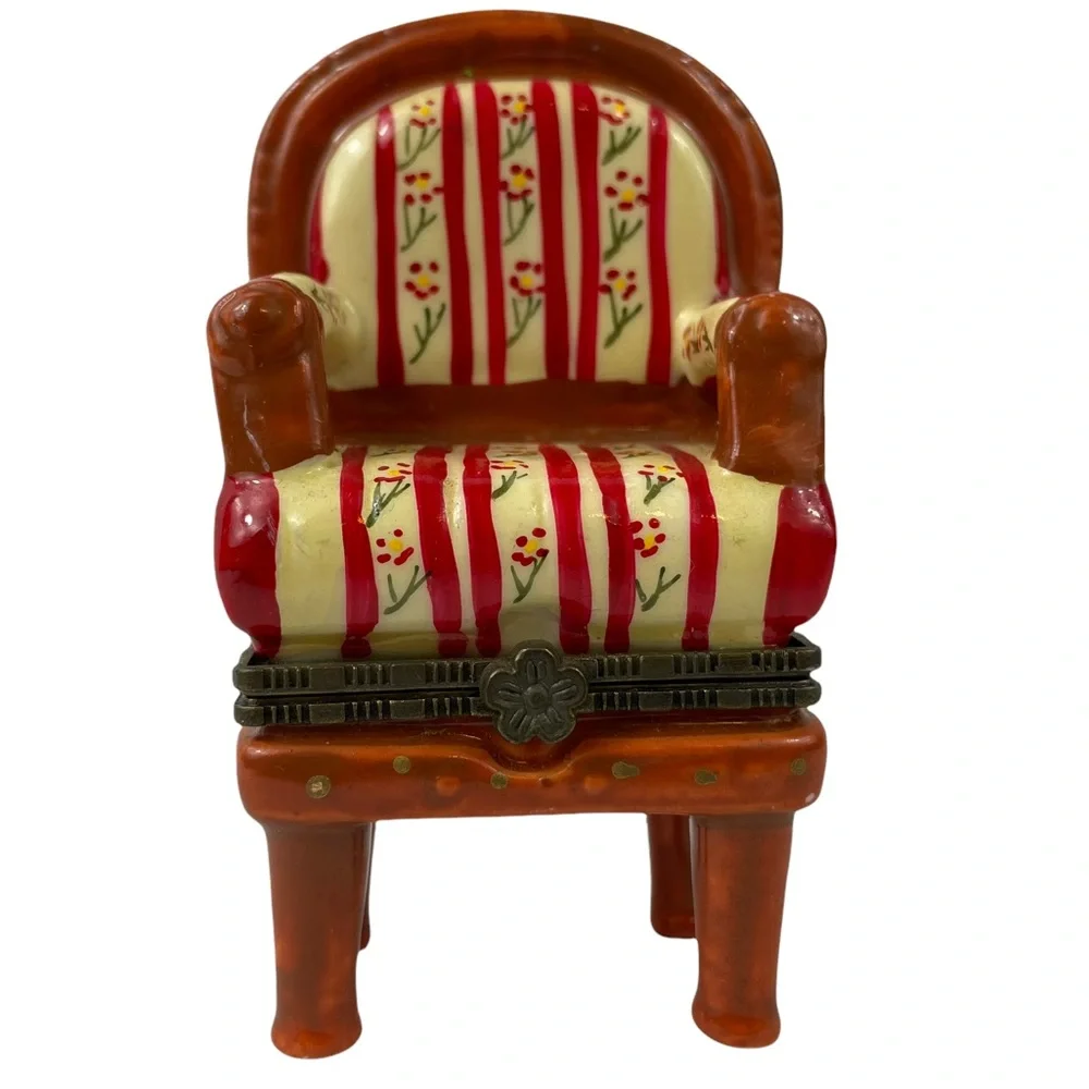 Vintage Limoges MCM Hand Painted Floral Striped Grandma Chair Cottagecore Pill